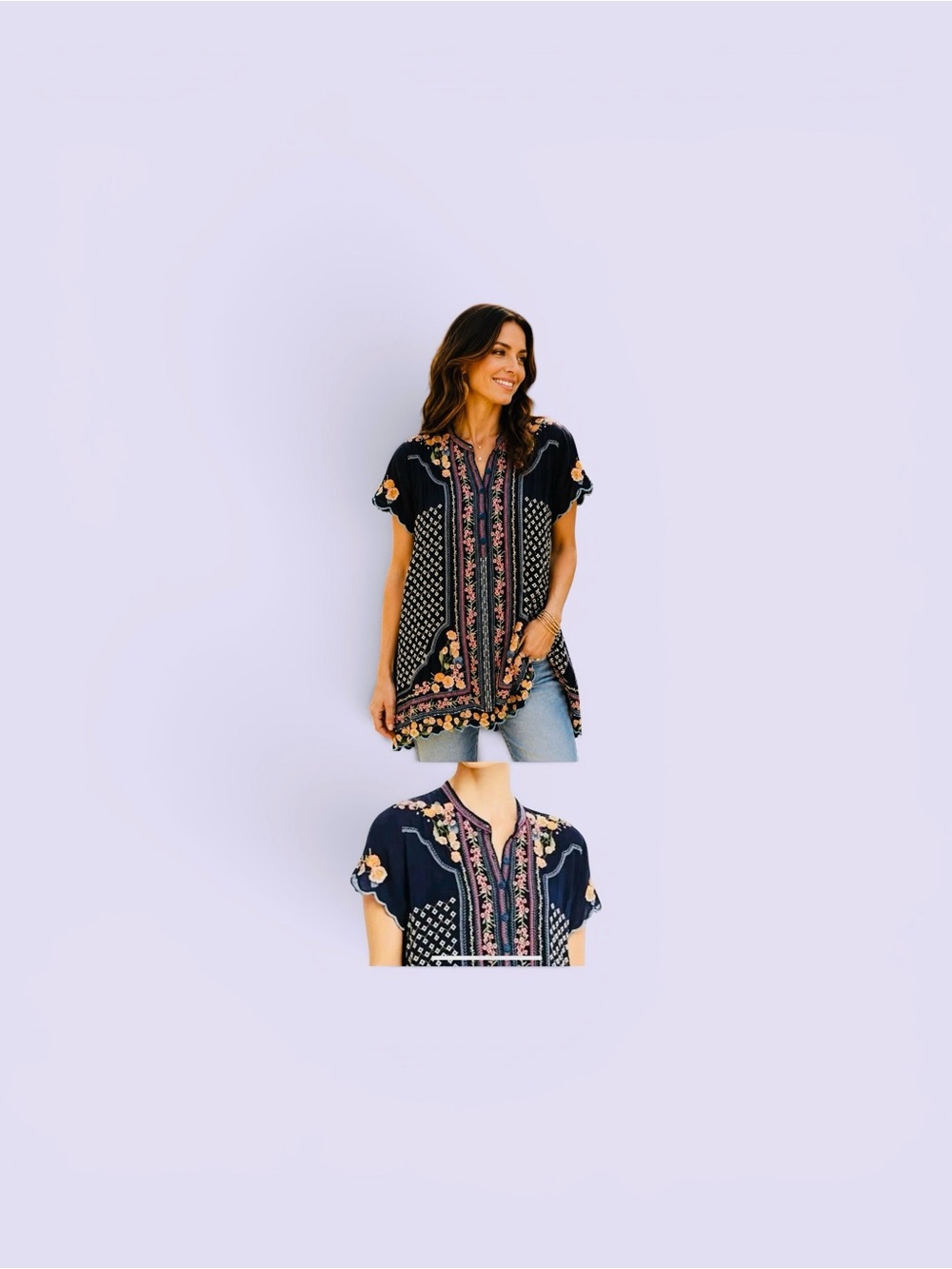 Johnny WasWomen's Navy Floral Embroidered V-Neck Tunic Top